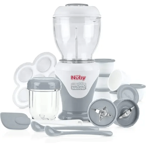 Nuby Mighty Blender with Cookbook - 22-Piece Baby Food Maker Set for Different Baby Weaning Stages - Cool Gray Design