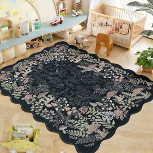 Garvee Area Rug, Mushroom Floral Botanical Pattern Rugs, Scalloped Living Room Non Slip Low Pile Stain-Resistant Indoor Carpet for Bedroom, 8'x10'