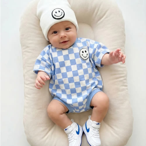 Short Sleeve Bubble Romper | Checkered Smiley Blue