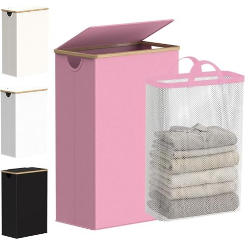 efluky Slim Laundry Basket with Lid, Narrow Laundry Hamper with Removable Bag, Skinny Dirty Clothes Basket with Bamboo Handles for Bathroom, Bedroom & Laundry Room
