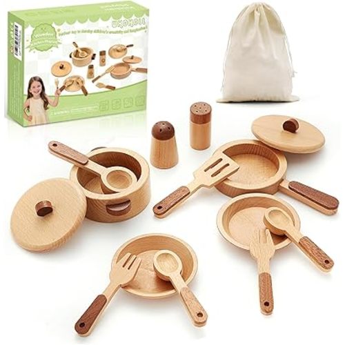 WHOHOLL Wooden Play Kitchen Accessories, Pretend Toys Pots and Pans Cooking Set for Toddlers 3 4 5 6, Kids Kitchen Playset with Plates and Dishes, Christmas Birthday Gifts for Girls Boys