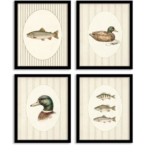 WEFKODO Vintage Duck Fish Nursery Toddler Bedroom Wall Decor,Boy Wall Decor for Boys Bedroom Room,Vintage Stripe Wildlife Art Painting Pictures,8x10 Unframed 4Pcs