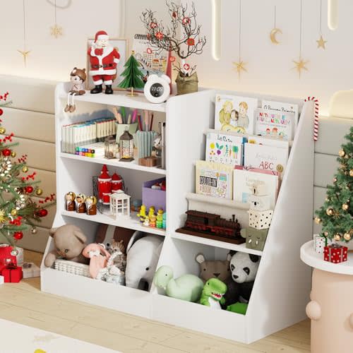 IKALIFE 39" Large Kids Wooden Bookshelf and Toy Storage Organizer, Baby Bookcase with Sling Book Rack, Children Toddler Wooden Book Shelf for Kids Rooms, Playroom, Classroom, Nursery, School (White)