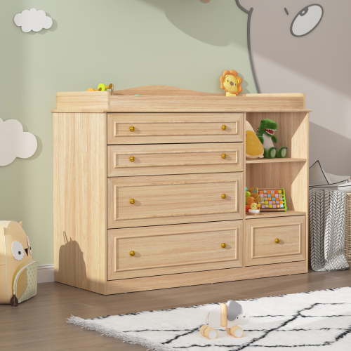 ChVans Changing Table Dresser, Baby Classic Nursery Dresser with 5 Drawers and 2 Shelves, Wood Chest of Drawers Nursery Storage Kids Organizer