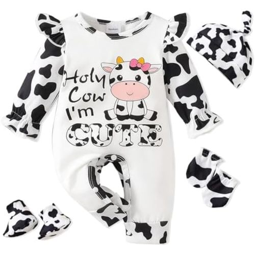 Newborn Baby Girl Outfits Infant Romper Coming Home Ruffled Jumpsuit with Hat Mittens+Booties