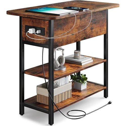 Yoobure End Table with Charging Station, Flip Top Side Table with USB Ports and Outlets, Sofa Couch Table Bedside Table for Living Room Bedroom, Narrow Nightstand with Storage Shelves for Small Space