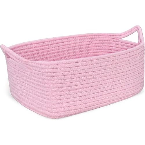 ABenkle Small Storage Basket with Handles, Cotton Rope Woven Dog Cat Toy Bin, Decorative Shelves Closet Organizing for Nursery Laundry Bedroom Bathroom, 14.2''x 11''x 5.1''