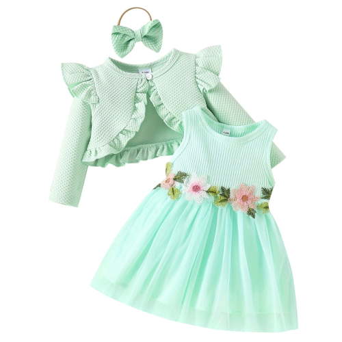 OBEEII Dresses for Infant Toddle Girls Spring Summer Tulle Tutu Dress Long Sleeve Jacket Waffle Knit Cardigan with Bow Headband 3Pcs