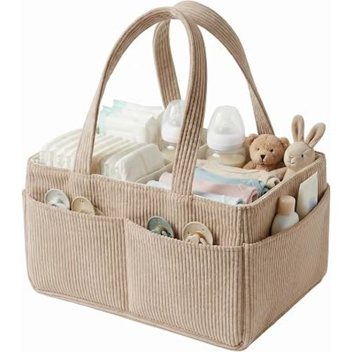 Baby Nappy Caddy Organiser Stylish Corduroy Nursery Storage Basket with Handle for Newborn Essentials, Baby Shower and Diaper Station Sand (Light brown, 1Pc)