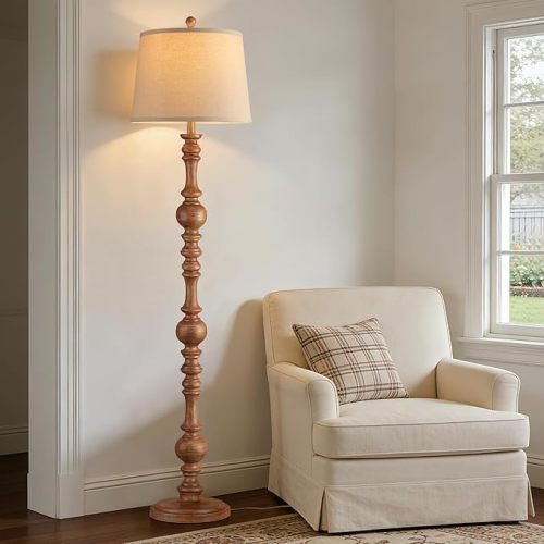 QiMH Vintage Floor Lamp for Living Room,61" Tall Rustic Standing Lamp with Linen Lampshade, Rotary Switch Farmhouse Floor lamp for Bedroom, Corner, Dining Room, Home Decor, Wood Grain
