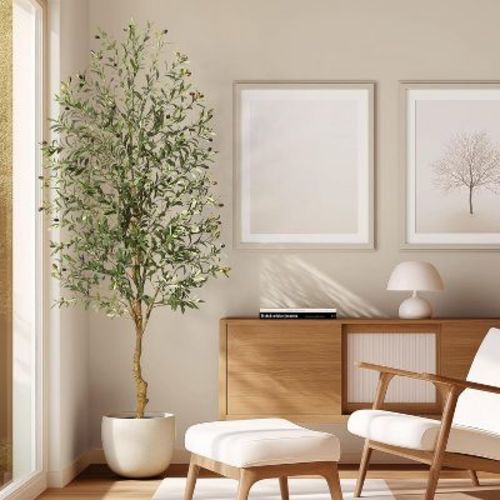 Faux Olive Tree, Fake Silk Plant for Living Room Decor, Indoor Fake Potted Tree with Green Leaves and Big Fruits