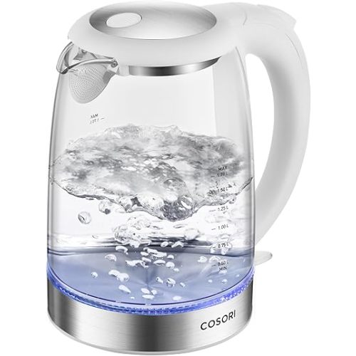 Cosori Electric Kettle, No Plastic Filter & Spout, Tea Kettle & Hot Water Boiler For Coffee & Tea, Water Heater & Teapot, Automatic Shut Off, Borosilicate glass, White, 1.7L/1500W