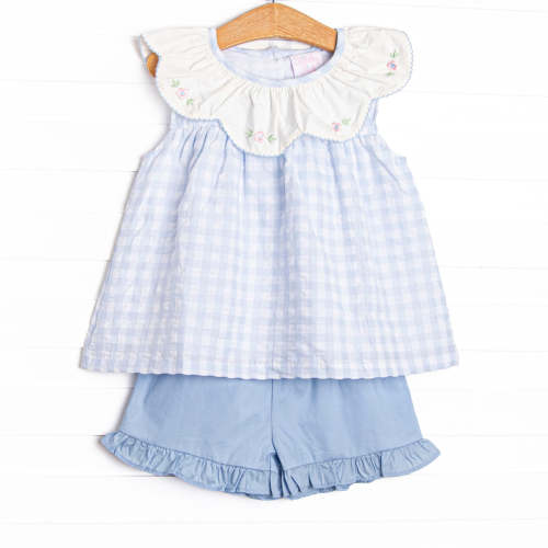 Rosebud Blooms Embroidered Scalloped Bib Short Set, Blue – Stitchy Fish