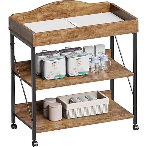 Baby Changing Table, Diaper Changing Station with Pad and Wheels, Two-Tier Open Storage Shelves, Waterproof Diaper pad & Safety Strap,Compact Baby Furniture for Nursery, Rustic Brown