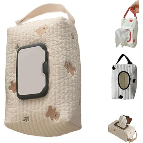 Stylish Bear Embroidery Wet Wipe Pouches,Practical Wet Wipes Storage Bag with Embroidery Designings,Portable Baby Wipe Holder for Travel and Baby Strollers (Bear Pattern)