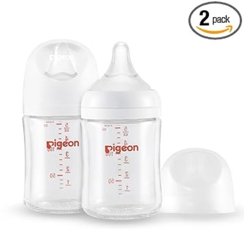 Pigeon Glass Nursing Bottle Wide Neck, Anti-Colic, Streamlined Body, Natural Feel, Easy to Clean, Heat-Resistant, 5.4 Oz (Pack of 2), Includes 2pcs SS Nipples (0m+)