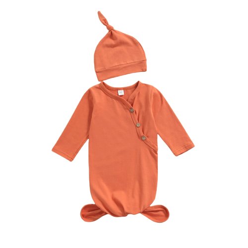 Canrulo Newborn Baby Girl Boy Knitted Romper Knotted Gowns Long Sleeve Solid Color Sleeping Bag With Hat Set Orange 0-3 Months