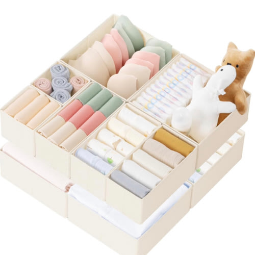 Criusia Drawer Organizer Clothes, 10 Pack Dresser Organizer for Baby Clothes, Underwear, Sock- Foldable Closet Organization and Storage Dividers Bins for Nursery, Bedroom (Beige)