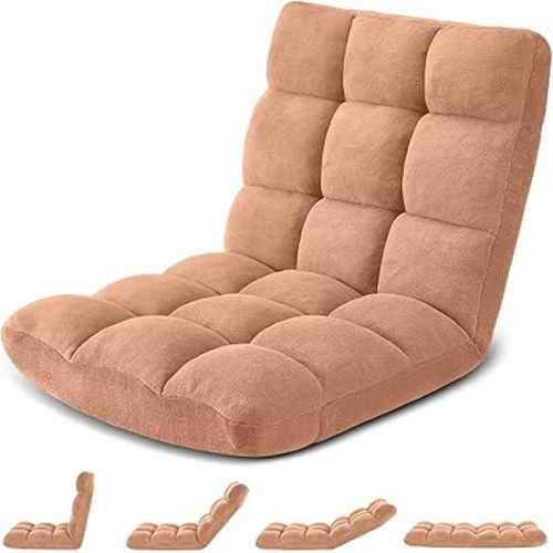 Folding Floor Gaming Chair 14-Poistion Cushioned Adjustable Floor Lazy Sofa Chair w/Breathable Cotton & Skin-Friendly Flannel for Adults & Kids Perfect for Reading Gaming Meditating, Camel