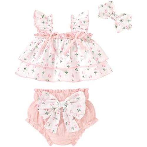 YOUNGER TREE Baby Girl Clothes Infant Ruffle Tops Dress Shorts Set Bloomers Toddler Sleeveless Summer Outfits with Headband