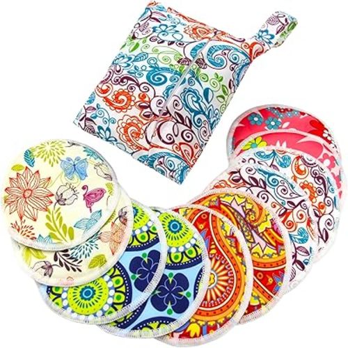 PINOWU Nursing Pads -10 Washable Pads + Wet Bag + Wash Bag, Breastfeeding Nipple Pads (Large 4.7")