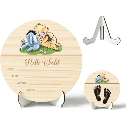 Winnie Baby Announcement Sign, Wooden Newborn Birth Sign, The Hello World Name Sign for Hospital, Gift for New Mom Baby Shower, Birth Name Plaque, Nursery Decor 3
