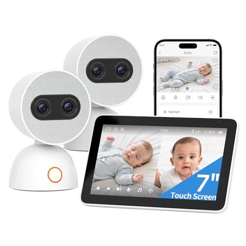Simsky Split Screen Video Baby Monitor with 2 Cameras, Dual 4MP Cameras with 6X Zoom, 7" UHD Touch Screen Portable Audio Baby Monitor, App Remote Access, 5200mAh Battery, 32GB Local Storage