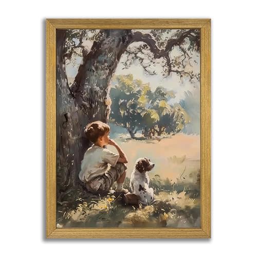 Wood Framed Canvas Wall Art, Vintage Boy and Dog Painting Poster, Countryside Pastoral Landscape Print Picture, Rustic Farmhouse Wall Decor for Living Room Bedroom Nursery 16x24 inch
