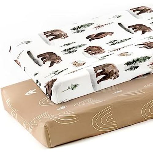 GRSSDER Stretch Ultra Soft Jersey Knit Changing Pad Covers Set 2 Pack, Change Table Pad Covers Fit 32"/34" x 16" Pads Safe and Snug, Jungle Bear/Rainbow for Baby