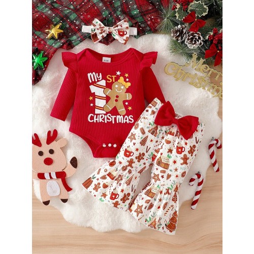 Newborn Baby Girls Cute Round Neck Ruffle Long Sleeve Gingerbread Man "My 1ST Christmas" Print Romper And Gingerbread Man & Christmas Tree All-Over Print Flared Pants With Headband 3 Pieces Set (Suitable For Christmas Outfit) | SHEIN USA