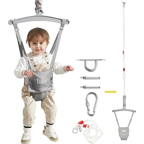 FUNLIO Baby Jumper with a Ceiling Hook for 6-24 Months, Baby Door Jumper for Indoor/Outdoor Play, Infant Jumper Doorway with Adjustable Chain, Easy to Assemble & Store (with a Ceiling Hook)- Grey