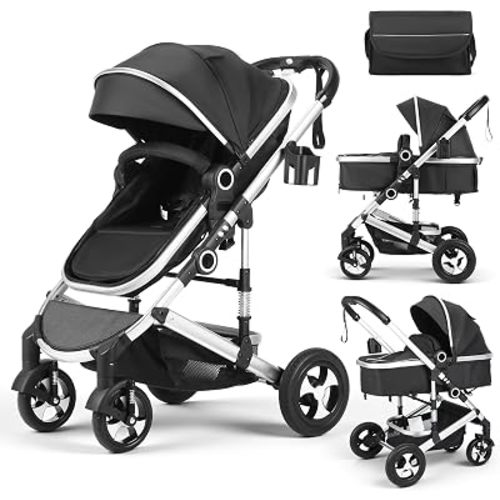 Kinder King 2 in 1 Convertible Baby Stroller, Diaper Bag, Black