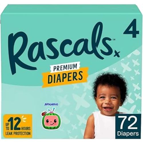 Rascals Premium Baby Diapers Size 4, 72 Count – Hypoallergenic, Ultra Absorbent, Leak-Proof, Fast-Dry Layer, High-Back Waistband, Unisex Disposable Diapers