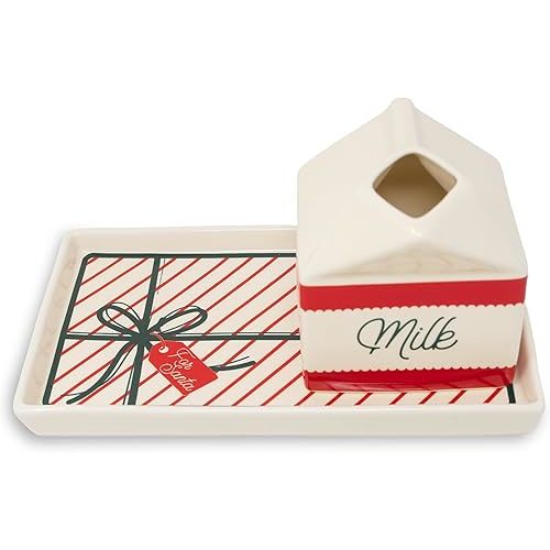 Steel Mill & Co Ceramic Milk & Cookies for Santa Set, 2-Piece Christmas Eve Tray & Milk Jug Gift Box Design, Holiday Tableware Set for Festive Christmas Décor (Bow)