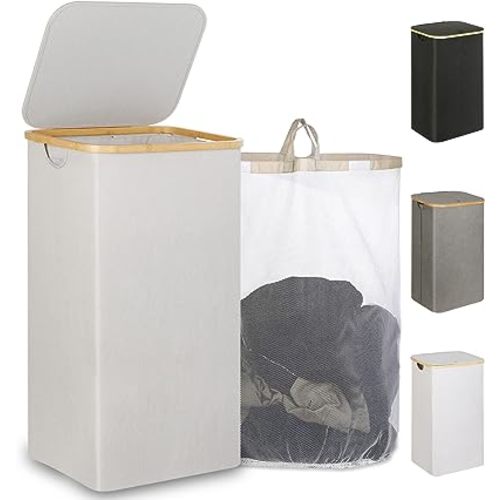 110L Laundry Basket with Lid, Laundry Hamper with Bamboo Handle,Clothes Basket Organizer with Removable Inner Bag for Clothes Toys Towels,Light Grey