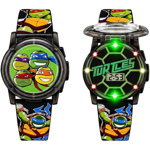 Nickelodeon Ninja Turtles Kids' Digital Watch with Pop Open Top/Casing, Flashing LED Lights, Black Strap - Official TMNT Characters on The Top, Safe for Children - TMN4205AC