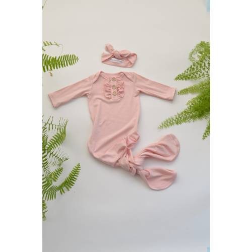 Newborn Baby Gown Set: Pink Rayon Knit, Knotted Hat & Headband