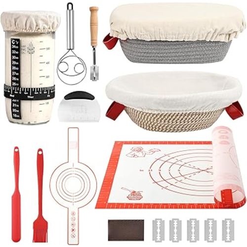 Sourdough Bread Baking Supplies, Banneton Bread Proofing Basket, 10 Inch Oval & Round Bread Baskets with Liners & Covers, Sourdough Starter Kit