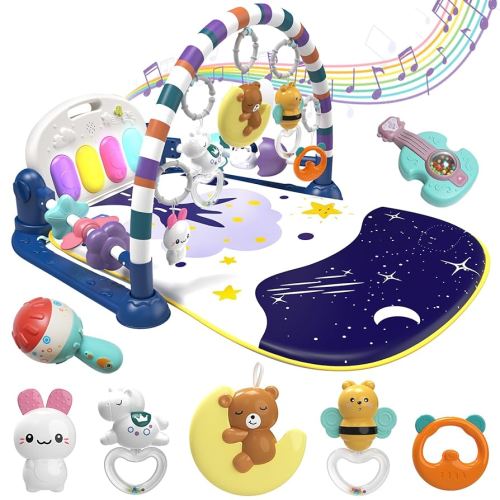 Baby Play Mat Baby Gym,Funny Play Piano Tummy Time Baby Activity Mat with 7 Infant Sensory Baby Toys, Music and Lights Boy & Girl Gifts for Newborn Baby 0-3-6-9-12 Months (Blue)