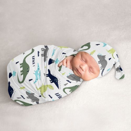 Sweet Jojo Designs Boy Baby Cocoon and Beanie Hat Swaddle Wrap Mod Dinosaur Blue Green and Grey 2pc