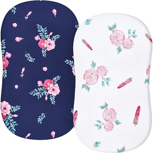TILLYOU Baby Bassinet Sheets for Girls Boys 2 Pack Baby Sheets for Square Rectangle Oval Bassinet Mattress 33X16 Inch, Floral Flowers
