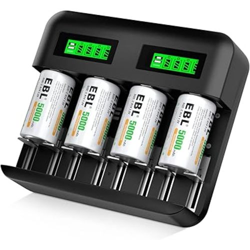 EBL Rechargeable C Batteries (4 Pack) and LCD Smart Battery Charger for Ni-MH AA AAA C D Rechargeable Batteries