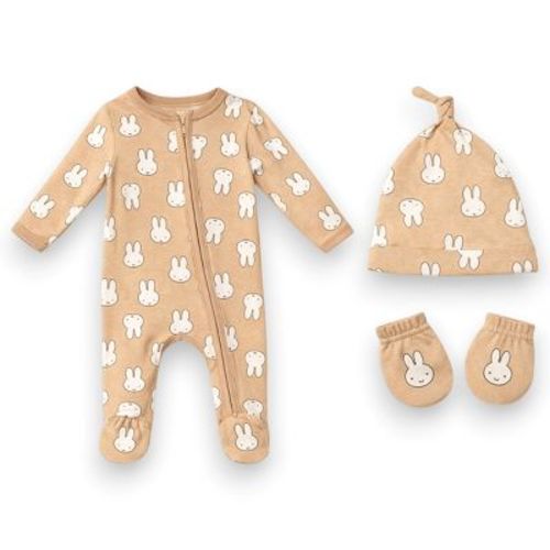Miffy Baby Boys’ 3-Piece Ultra-Soft Sleep N’ Play Coverall, Beanie & Mitten Layette Set, Tan/Bunny Face, Newborn
