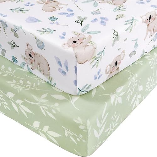 Pack and Play Sheets for Boys Girls, 38" x 26" Mini Crib Sheets Fitted for Pack n Play Mattress, Soft Breathable Playard Sheets, 2-Pack Green Koala