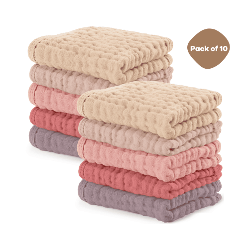 Comfy Cubs Baby Washcloths, Muslin Cotton Baby Towels, Large 10”x10” Wash Cloths (Multi Girl, Pack of 10)