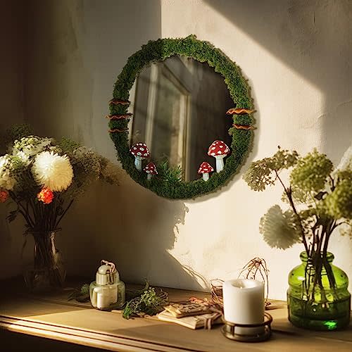 EVOLUX Wall Mirror Mushroom Decor Handmade Moss Round Hanging Mirror Cottage Core Wall Decor Room Decor Aesthetic(11'') Green,70-MGJ