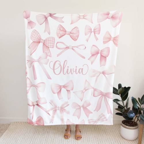 Personalized Pink Bow Nursery Blanket Coquette Custom Baby Name Blanket Kids Custom Name Blanket Baby Girl Gift For Daughter