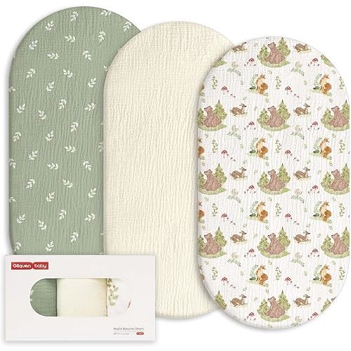Gllquen Baby Muslin Bassinet Sheets 3 Pack, Breathable Cozy Cotton Fitted Bassinet Mattress Sheet for Baby Boy Girls, Fit for Hourglass Oval Rectangular Cradle Pad Sheets 33"x17"(Fern & Woodland Pals)