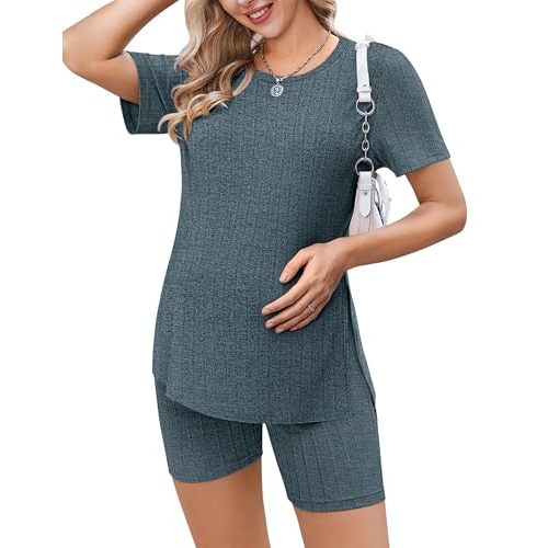 Ekouaer Maternity Sets 2 Piece Outfits Ribbed Knit Short Sleeve Shirts and Biker Shorts Pregnancy Loungewear Mama Clothes