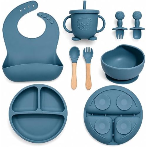 Catvegue Silicone Baby Feeding Utensils Set for 6+ Months, 8 Pcs, Blue